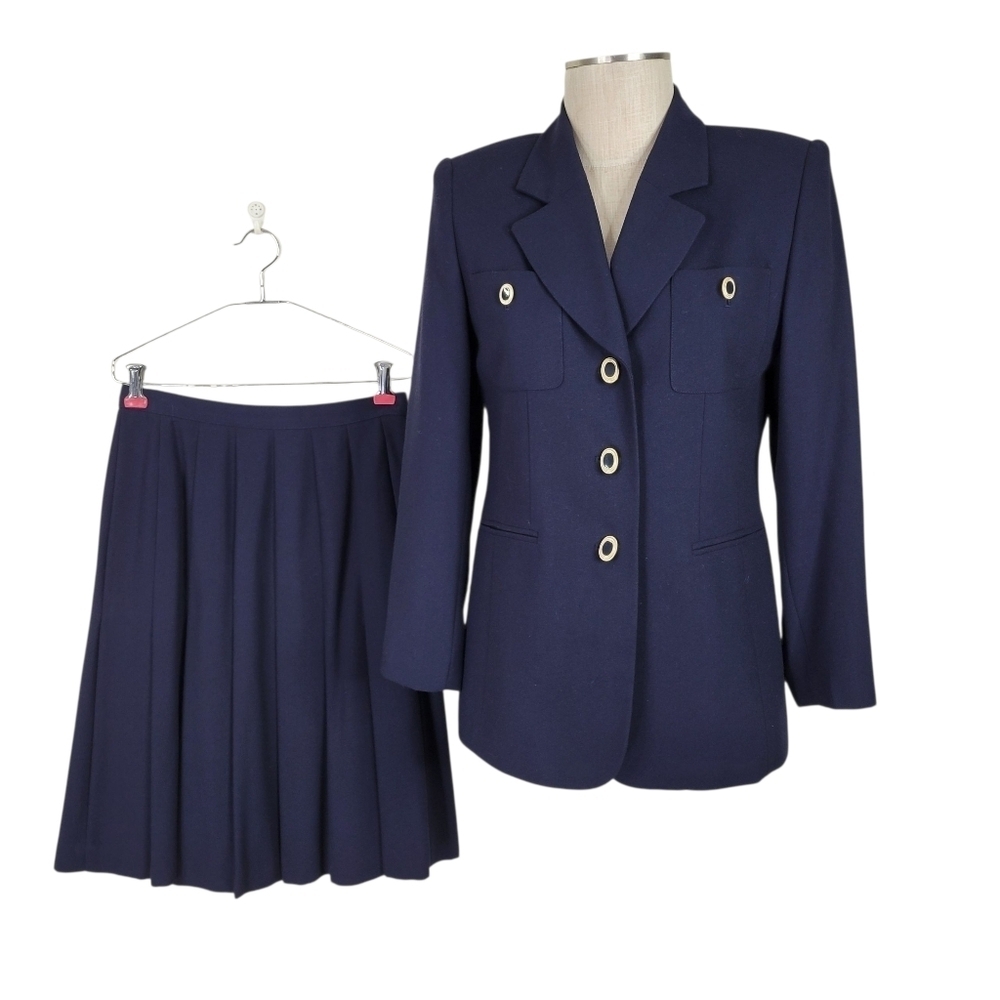 Kasper ASL Skirt Suit Size 6P Navy Longer Length 3 Button Blazer Pleated Petite